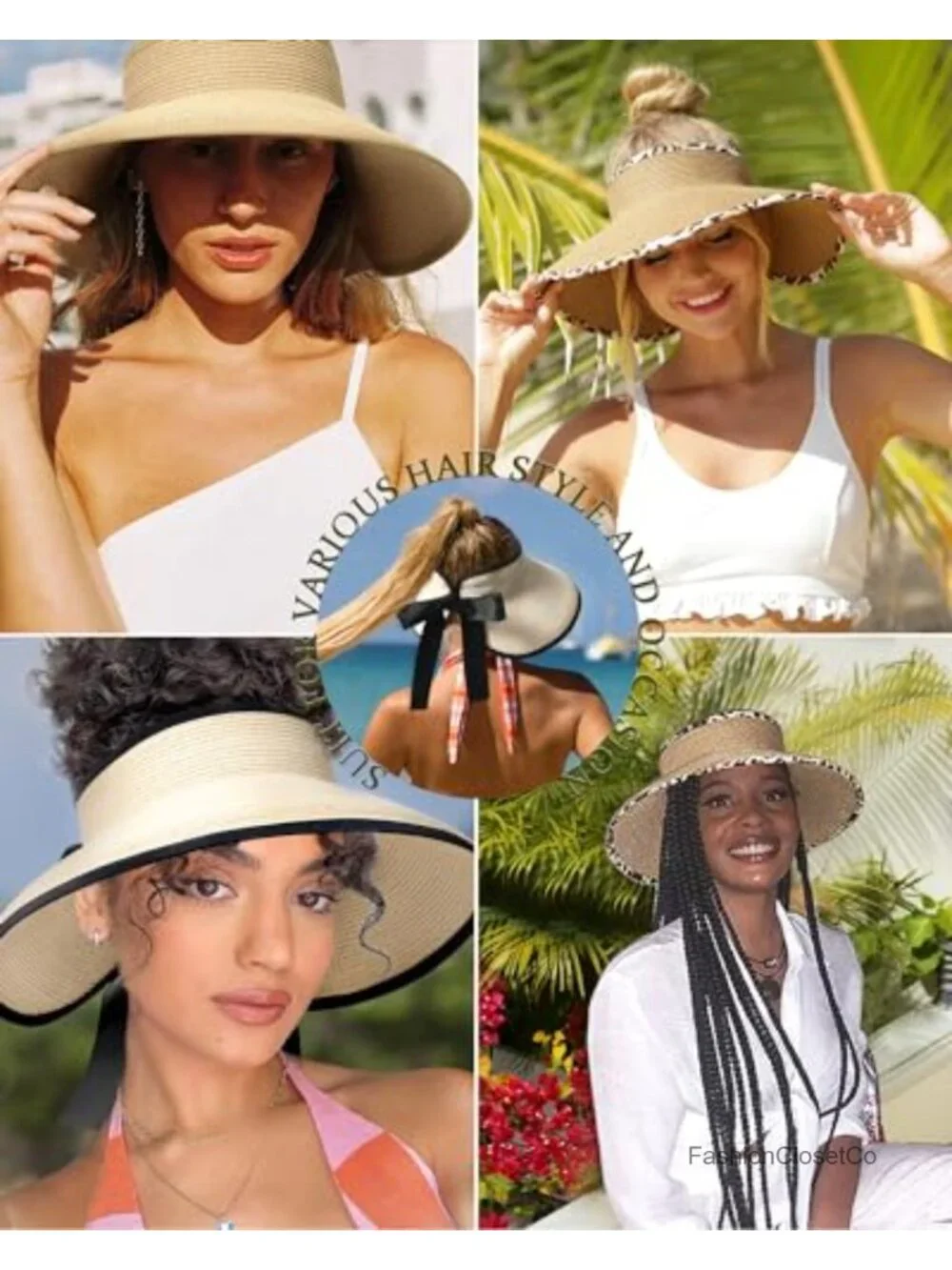 Straw Visor Hat Wide Brim UPF 50+ Foldable Packable Summer Sun Hat